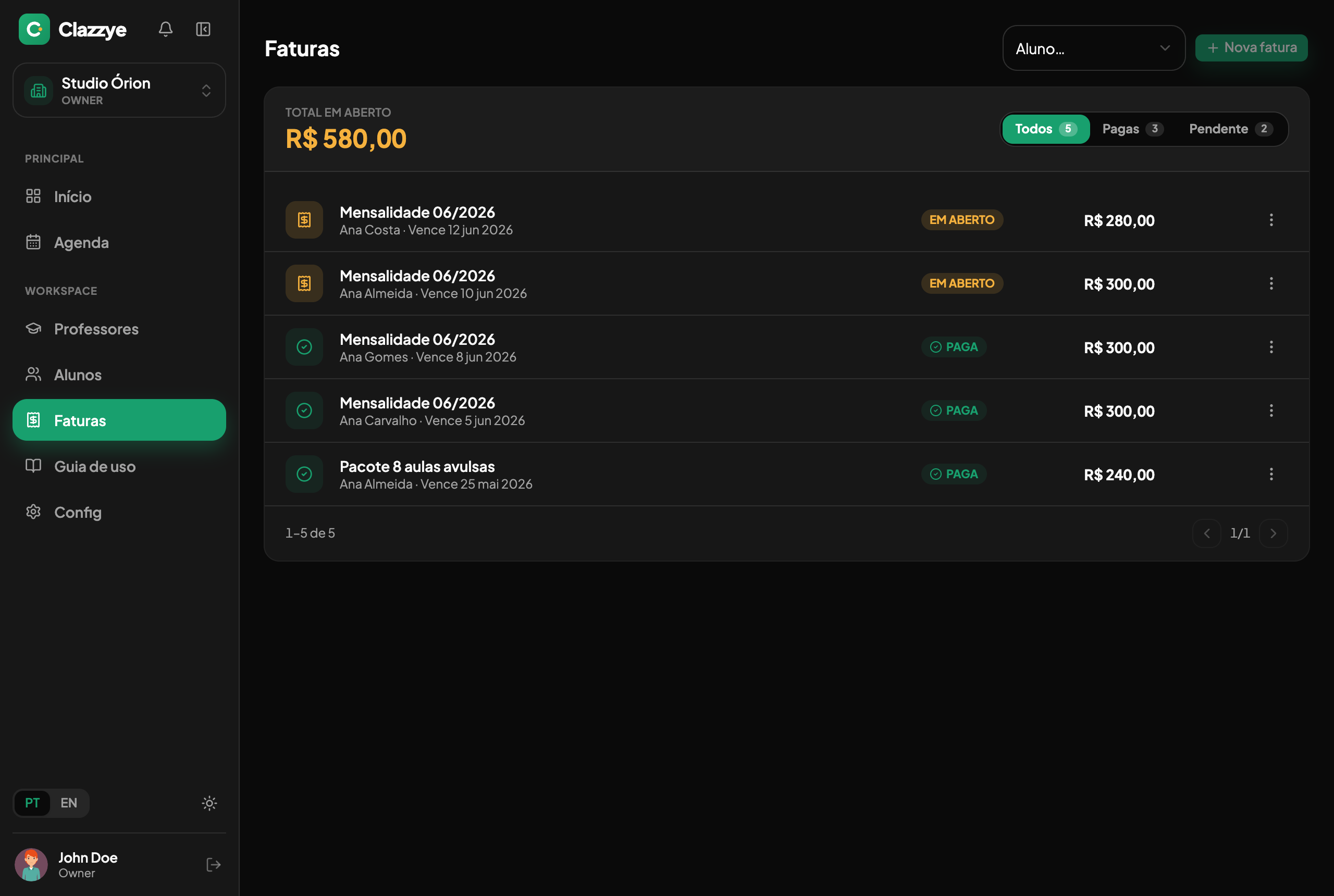 Tela de faturas do Clazzye com status e valores