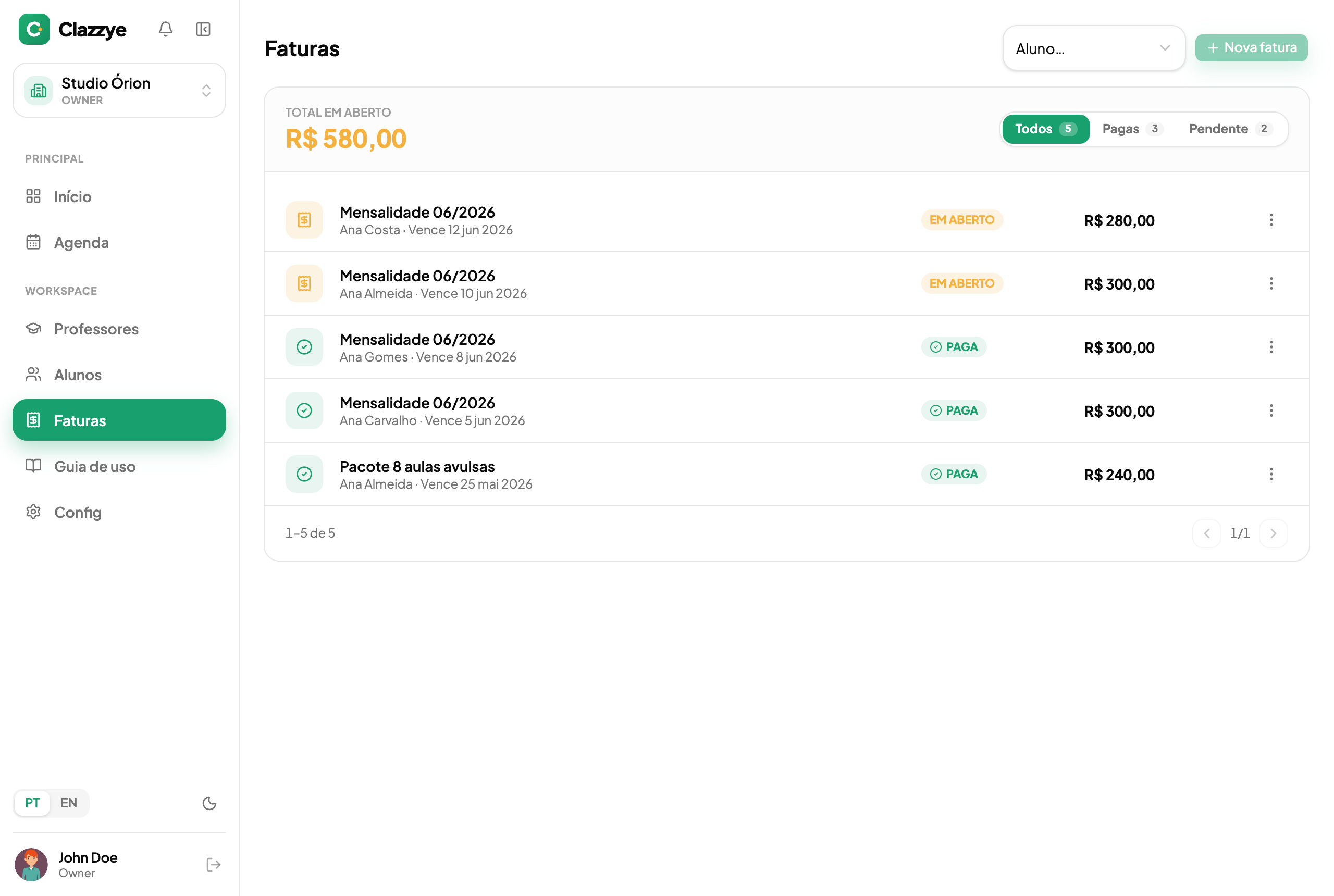Tela de faturas do Clazzye com status e valores